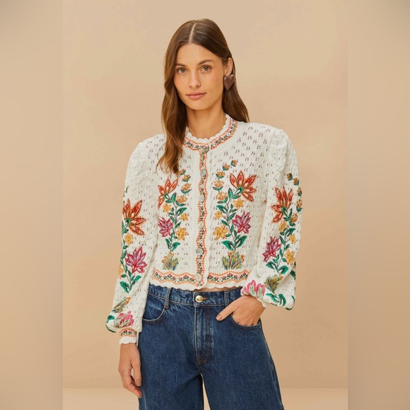 FARM Rio Sweaters - FARM Rio White Cropped Eyelet Cardigan with Multicolor Floral Embroidery
